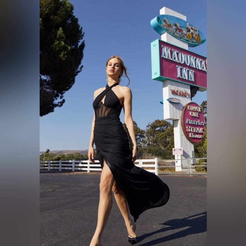 Lulus Never-Ending Glamour Black Mesh Cross-Front Halter Maxi Dress size medium